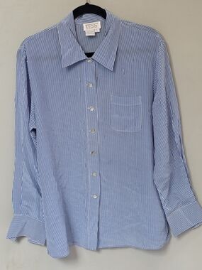 TESS 100% Silk Vintage Women's Blue Stripe Button-Down Shirt